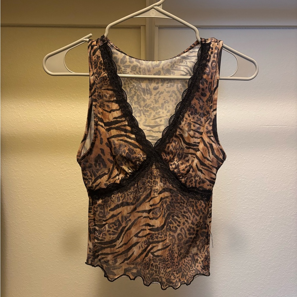 Sheer Animal Print Lace Trim Tank Top - Brown & Black